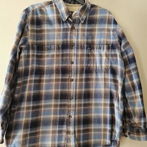 Outdoor Life Flannel Shirt Men’s Large Blue Brown Plaid Button Down Workwear